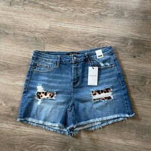 Judy Blue Leopard Patch Distressed Jean Shorts